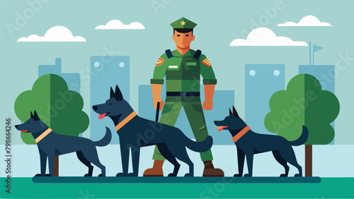 A special showcase of the bases specialized K9 unit demonstrating the incredible capabilities of military dogs and their handlers.. Vector illustration