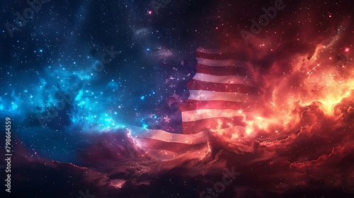 A breathtaking scene with the USA flag set against a cosmic tableau of stars and galaxies, blending the essence of national pride with cosmic wonder.