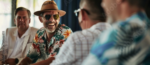 latin man in tropical shirt talking smiling