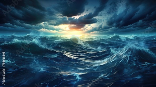 Dramatic seascape capturing turbulent waves under a stormy sky, illuminated by a distant,