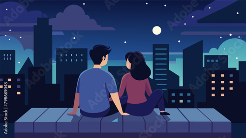 As the skyline glitters below two friends sit on a rooftop their bond strengthening as they exchange secrets under the infinite night sky.. Vector illustration