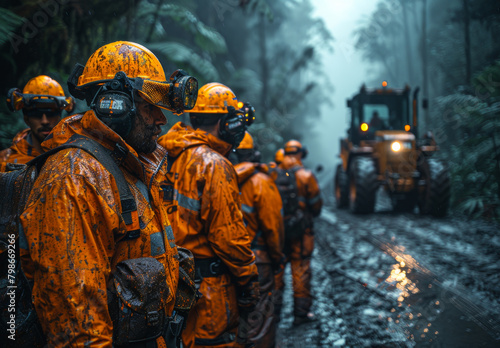 A group of workers in orange and yellow work , wearing hard hats, stand next to heavy machinery for tree felling on a forest road after rain, with a forest background.