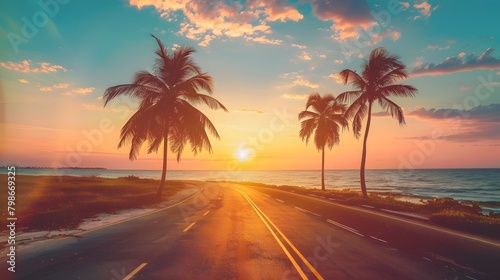 A beautiful road at sunset stretching into the distance, against the backdrop of the ocean, palm trees