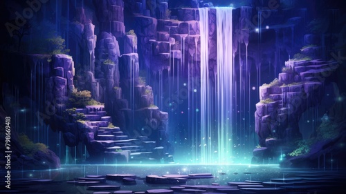Mystical scene of a bioluminescent waterfall cascading in the moonlight within an enchanted forest