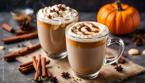 Pumpkin spice latte in a glass mug with cinnamon, nutmeg and cookies 