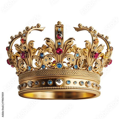 Golden king crown with gem on isolated transparent background