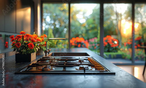 Modern kitchen interior with red flowers on the gas stove and cozy orange cushions on the dark wooden table