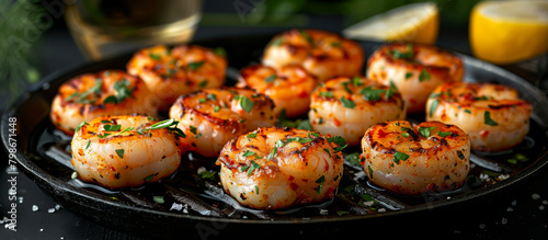 Grilled scallops in pan