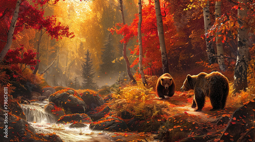 A picturesque autumn landscape ablaze with fiery hues of red orange and gold where seasonal teddy bears traverse winding forest paths and crunchy leaf piles their senses filled with the sights