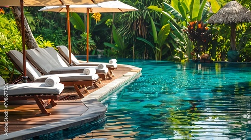 Luxurious Tropical Resort Oasis with Elegant Deckchairs and Umbrellas by Tranquil Pool