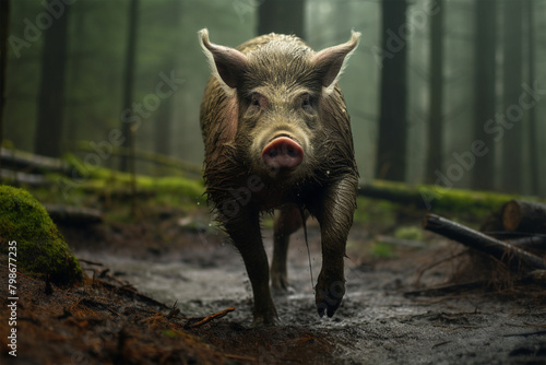 pig walking in the forest