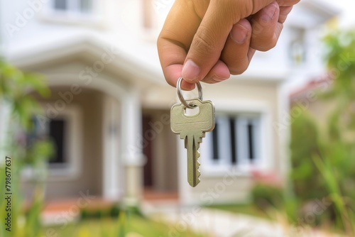 A hand presents a key with a blurred residential home in the background, symbolizing new homeownership or real estate investment.