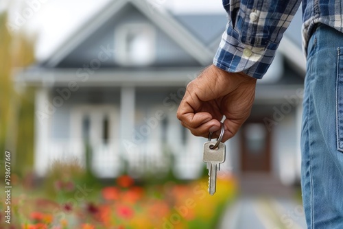 A hand presents a key with a blurred residential home in the background, symbolizing new homeownership or real estate investment.