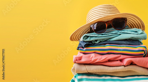 Stack of folded clothes on plain background with copy-space for text. Summer or travel collection. Colorful stripe clothes were displayed on a plain yellow background with a sun hat and a sun glasses.