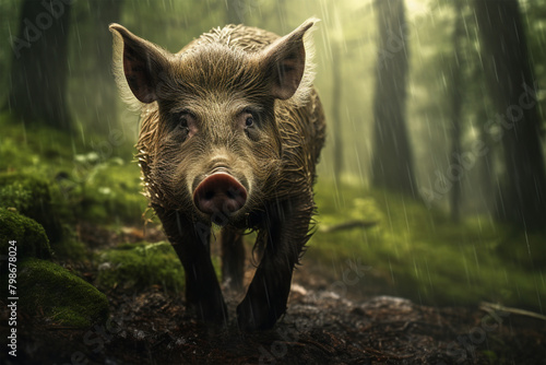 pig walking in the forest