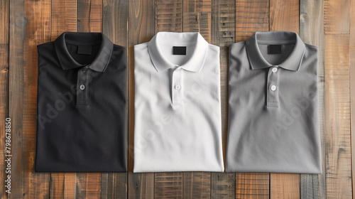 Mockup of clothes collections for an advertisement, poster, or art design. Three basic white, grey, and black folded polo shirts are displayed on a wooden background.
