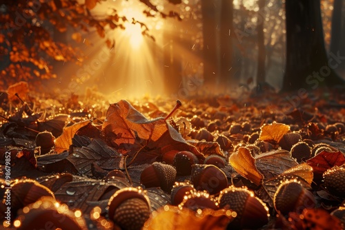 Sunburst Through Autumn Leaves on a Dewy Morning