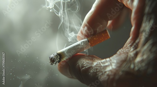 Produce a thought-provoking, photorealistic digital rendering focusing on a persons front profile rejecting a cigarette with an expressive hand gesture,