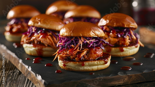 Barbecue pulled chicken sliders with coleslaw on mini brioche buns.
