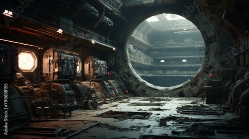 Futuristic derelict space station interior with eerie lighting and circular portal