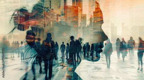 A creative double exposure featuring job candidates in training sessions overlaid with career advancement opportunities, symbolizing professional growth.