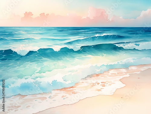 Serene beach at sunset with waves gently lapping, pastel sky and soft sand, detailed in peaceful retreat, isolated on white background, watercolor