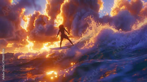 Surfer rides on surfboard of epic wave, sunset in background with palm trees and dramatic sky.