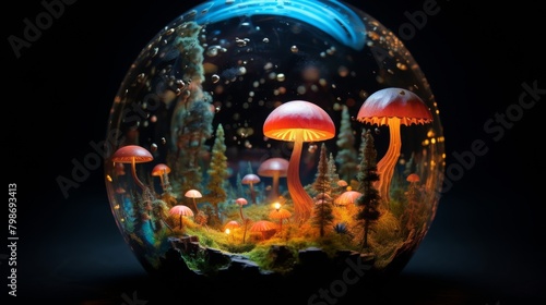 Glowing miniature mushroom forest inside a glass dome, a magical fantasy concept
