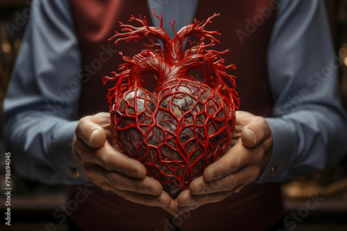 A man holding a heart in his hands. Cardiological health concept.
