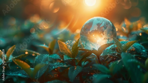 A beautiful glass globe on the grass with a beautiful blurred background.