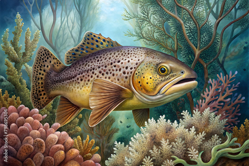 brown trout surrounded by beautiful coral