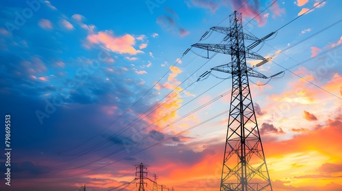 High voltage electric transmission tower. High voltage power lines on electric pylon against a sunset sky. 