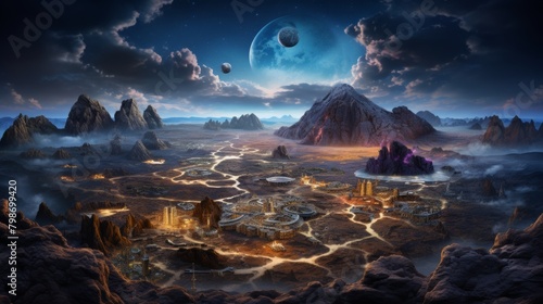 Surreal alien landscape with futuristic city and hovering planets