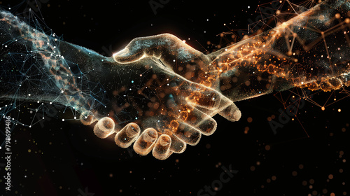 The invisible handshake between machine learning and drug discovery depicted as a digital and biological hand forming a new bon