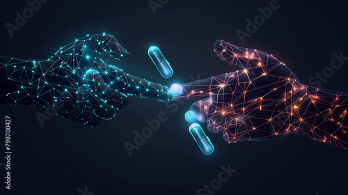 The invisible handshake between machine learning and drug discovery depicted as a digital and biological hand forming a new bon