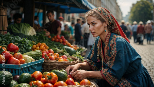 Russian woman selling fruits and vegetables at the street market