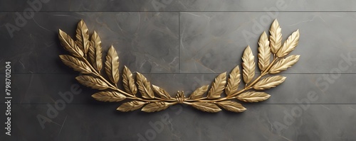 Artistic 3D golden laurel wreath, denoting classical victory, positioned on a simple marble background