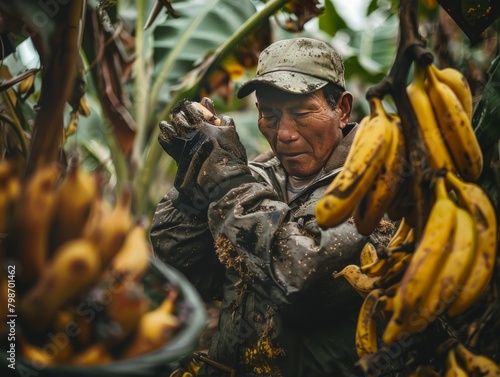 An elderly Ecuadorian man gathers bananas on a plantation