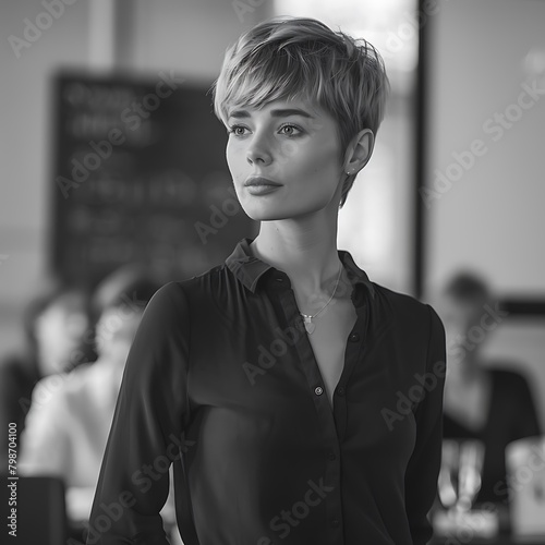 Black and white photo of a cool woman with short hair in an office. Generative Ai