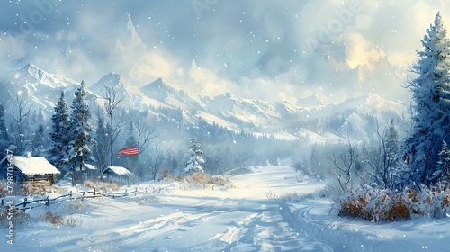A wintry depiction of the USA flag over a landscape blanketed in snow, reflecting the steadfast spirit and resilience of the nation during winter.