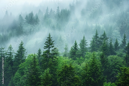 Misty morning in a mountain fir forest with dew-covered trees