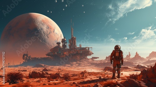 Astronaut explores a futuristic colony on a distant desert planet under an alien sky