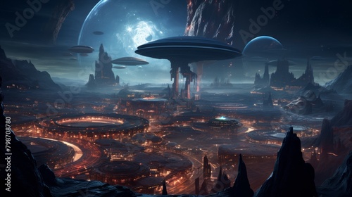 Futuristic alien civilization with hovering spaceships over icy landscape