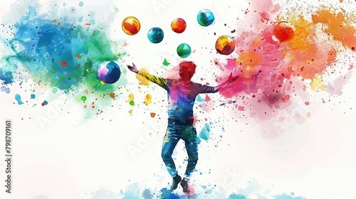 A man juggling balls of paint in watercolor style.