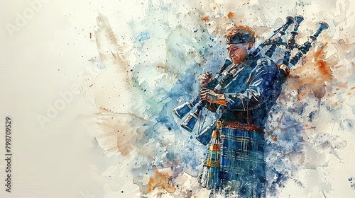 A watercolor painting of a man playing the bagpipes.