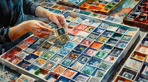 A watercolor painting of a person sorting through a large collection of postage stamps.