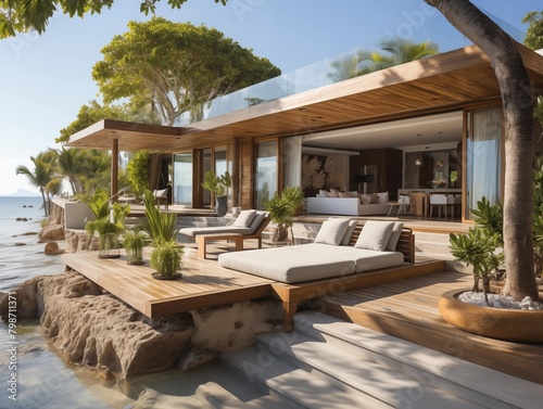 Guests enjoy a sunny day at a luxurious beachfront villa