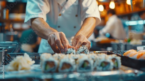 A sushi chef skillfully rolling sushi rolls, with a blurred background of a traditional Japanese sus
