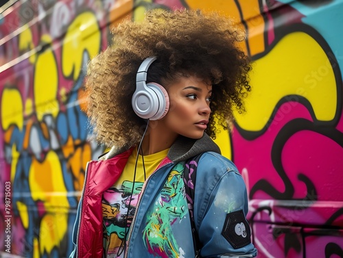 Confident beautiful young woman with afro hairstyle listening to music with headphones in front of graffiti wall