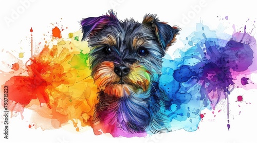 A watercolor painting of a Yorkshire Terrier with a rainbow background.
